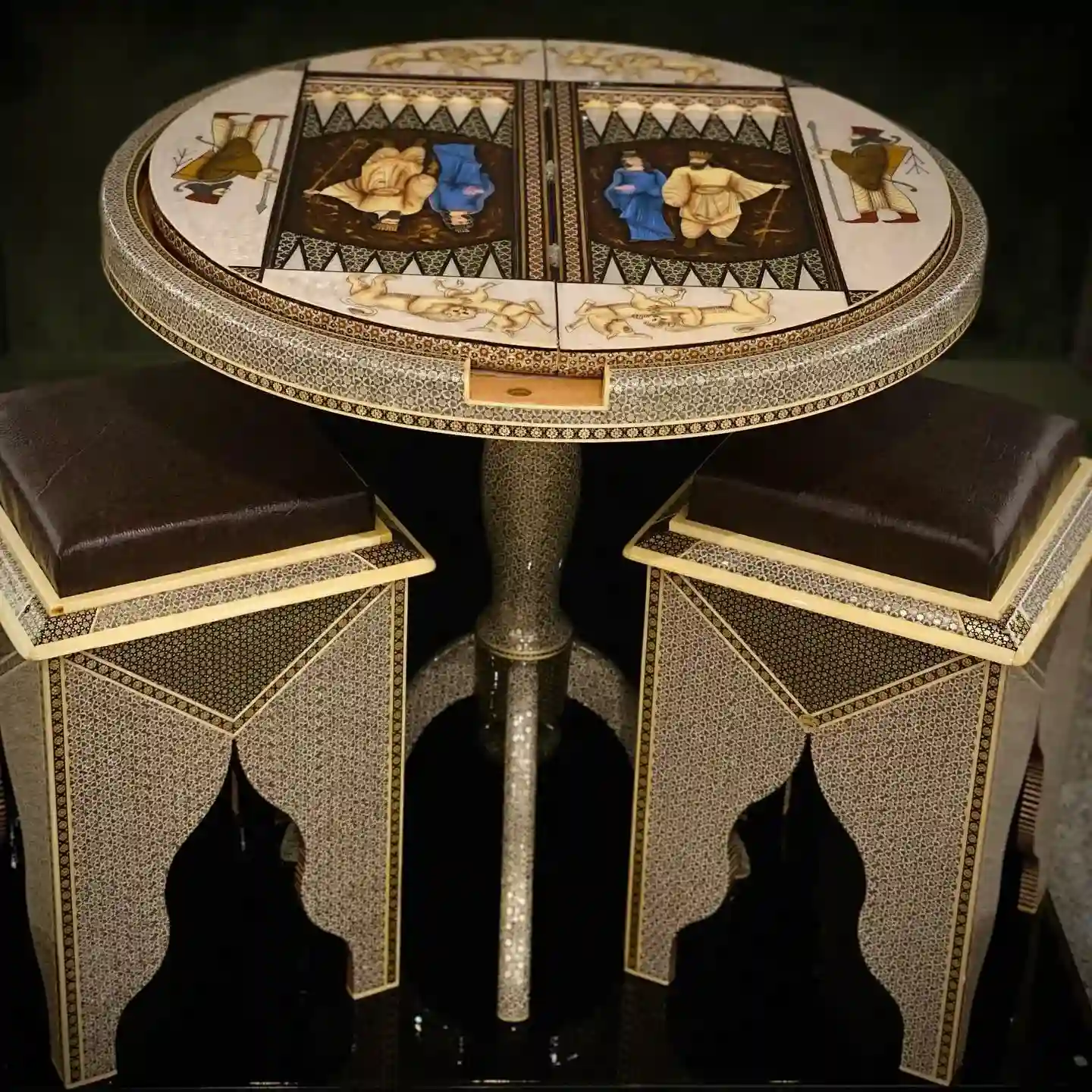 Luxury Persian Khatamkari backgammon table with matching seats