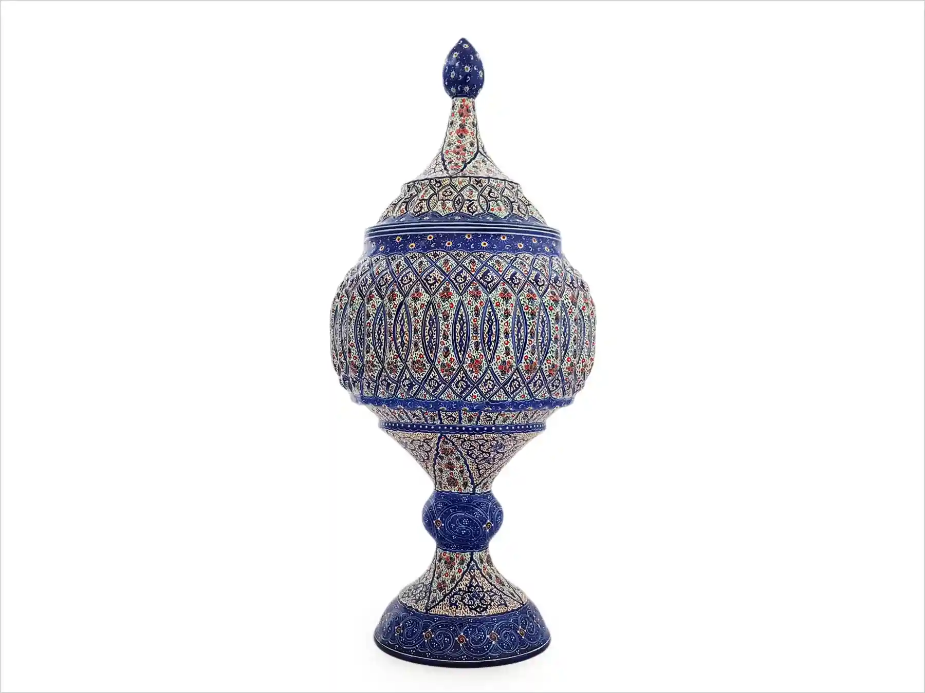 Blue Persian Minakari enamel sugar bowl with a decorative lid