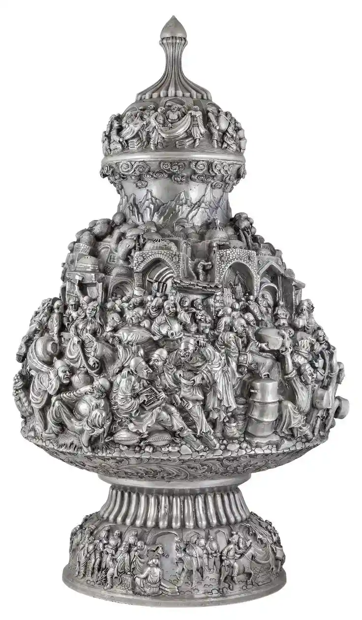 Highly detailed Persian Qalamzani hand-engraved silver decorative vessel