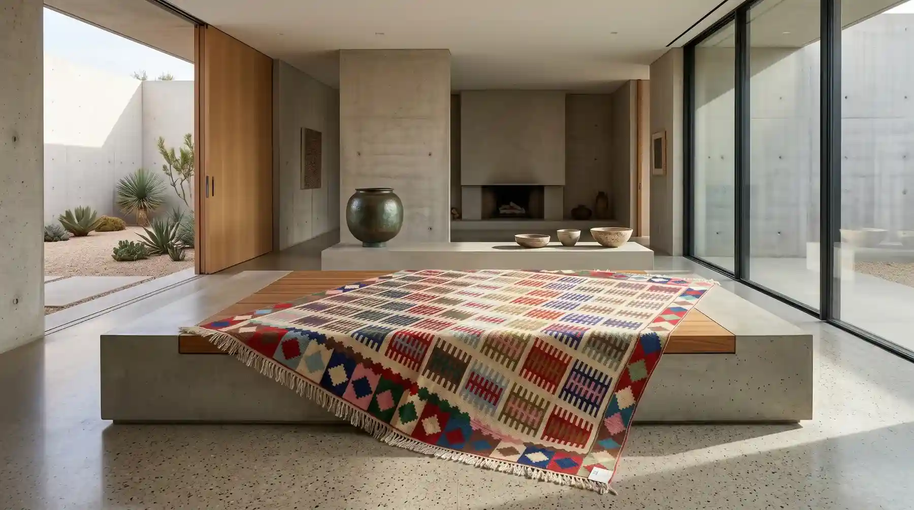 Colorful Persian Qashqai kilim displayed in a modern interior